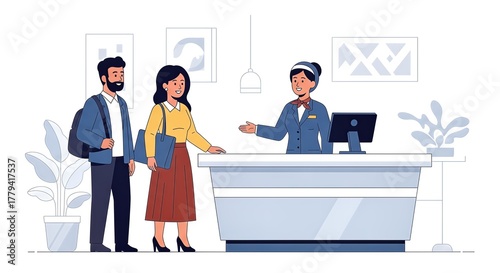 Hotel Reception Guests Checking In at the Front Desk.