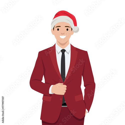 Fototapeta Smiling man in a red suit and Santa hat radiates holiday spirit and professional charm