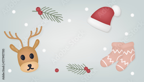  Festive vector border background featuring a cute reindeer face, Santa hat, holiday socks, pine branches with red berries, and snow dots. Editable template for Christmas cards, invitations, banners.