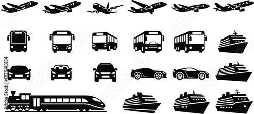 Collection of various modes of transportation including airplanes buses cars and trains isolated on transparent background