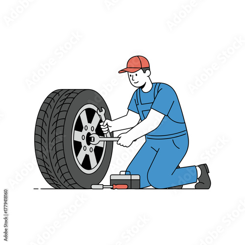 Smiling Bearded Mechanic with Glasses Holding a Wrench Works on a Car Tire Wearing a Blue Uniform and Red Cap Vector Illustration