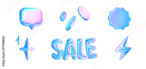 3d glass sale discount icons. Holographic speech bubble, sale round starburst badge sticker, glass hologram sale word, iridescent flash. Vector design element for sale, price, promotion, discount