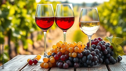 snakeskin. Glasses of red and white wine with ripe grapes on a rustic table in a vineyard setting. bar promotions, beverage menus, designed for food & beverage menus and cafe branding.