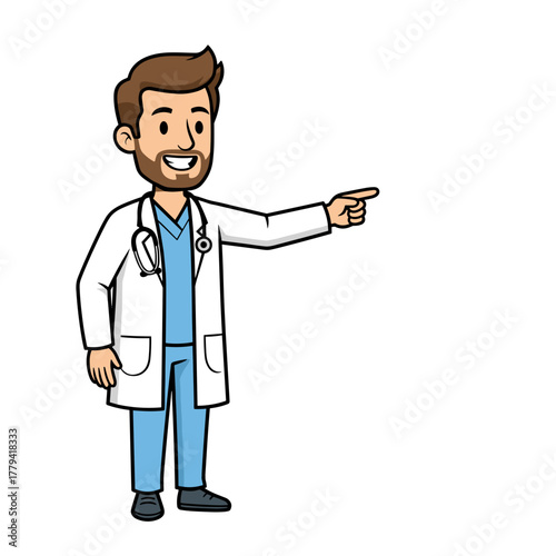 Smiling Caucasian Male Doctor Wearing Light Blue Scrubs and White Lab Coat with Stethoscope Pointing to the Right Side on a Clean White Background