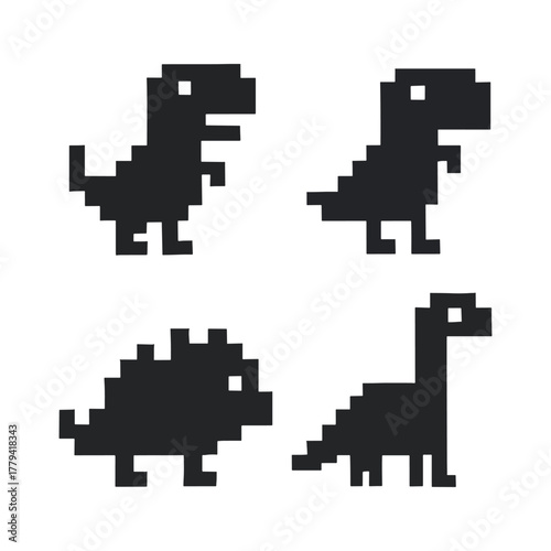 Retro Pixelated Dinosaur Silhouette Set Extinct Animal Graphic Illustration