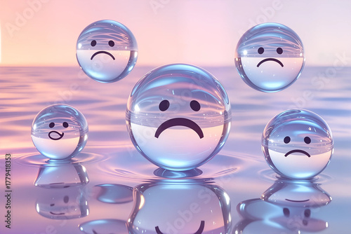 A surreal tableau of sleek interstellar orbs drifting through an ethereal realm, each sphere encapsulating a different emotion: joy, sorrow, anger, tranquility. The background is an expansive void of 