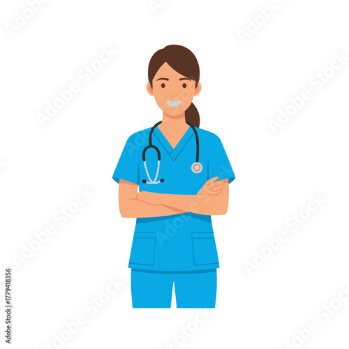 Smiling Female Nurse Wearing Blue Scrubs And Stethoscope With Arms Crossed On Black Background Detailed Flat Illustration