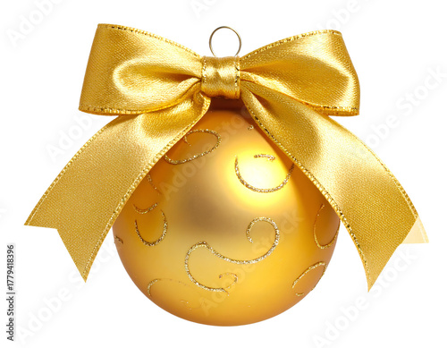 gold Christmas ball with ribbon and a bow, isolated on transparent background.