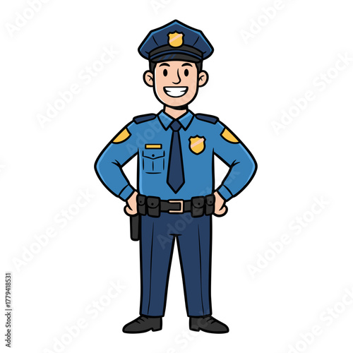 Smiling Police Officer In Uniform Standing With Hands On Hips Wearing Blue Shirt And Dark Blue Pants With Hat And Badge On Chest In Flat Design Style On Black Background