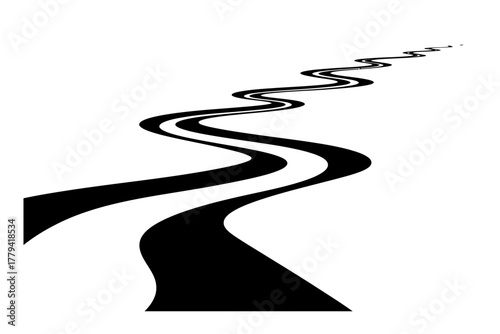 Curved black road winding through a minimalist white landscape, symbolizing journey and exploration