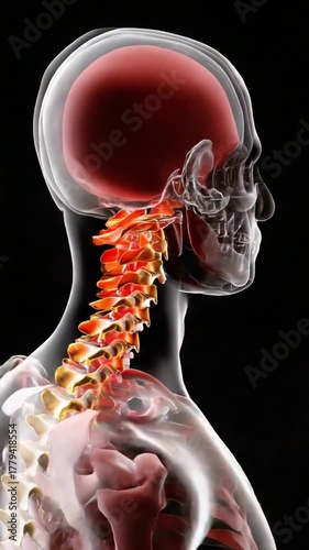 The Human Spine: A detailed medical illustration showcasing the anatomy of the human head and neck, with a vivid depiction of the spine, highlighting its intricate structure and internal arrangement.
