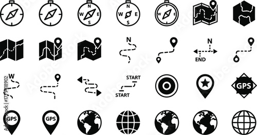 Collection of navigation and travel icons including compasses maps routes and location pins isolated on transparent background