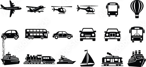 Collection of black silhouette transportation icons including airplanes cars buses trains boats and hot air balloon isolated on transparent background