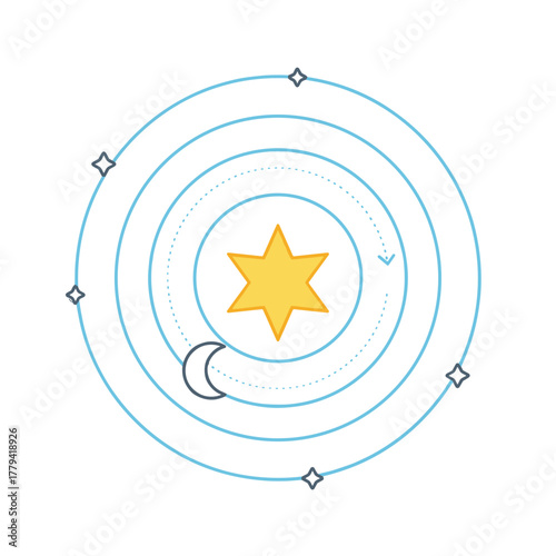 Stylized illustration of a celestial model with a sun moon and stars orbiting in a cloudy blue and white background a simplified representation of the cosmos