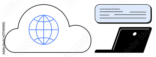 Cloud with globe symbolizing global access, text bubble for communication, laptop for technology use. Ideal for tech, cloud storage, remote work, global network, data sharing, education
