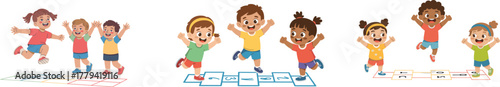 Set of Happy Diverse Kids Playing Hopscotch Jumping Game Outdoors Vector Illustration