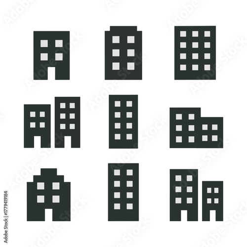 Simple Pixel Art Building Icon Set Black and White Architecture