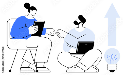 Two people fist bumping, holding devices, sitting in a casual pose, arrow and light bulb icon beside them. Ideal for teamwork, growth, communication, innovation, problem-solving creativity