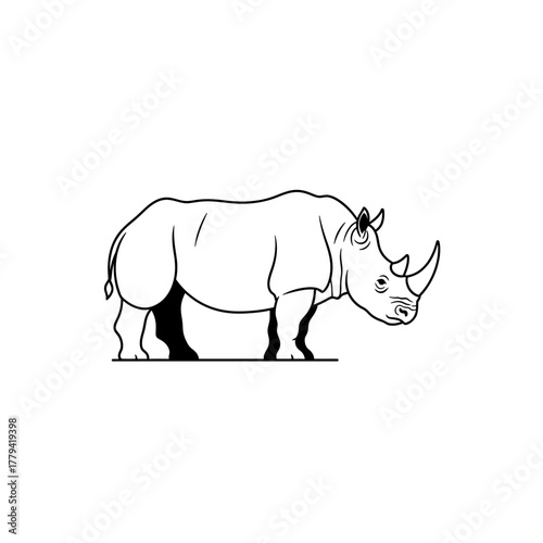 Detailed illustration of a rhinoceros standing on a plain, showcasing its robust physique and horn