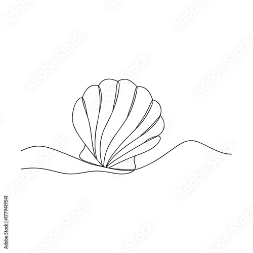 Single line drawing of a bivalve seashell on sand Keywords: seashell, shell, bivalve, sand