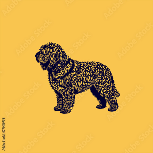 Detailed illustration of a shaggy dog standing proudly against a vibrant yellow backdrop, showcasing its fur texture