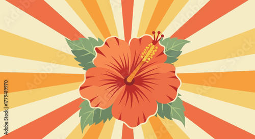 Retro hibiscus flower illustration with sunshine rays design background