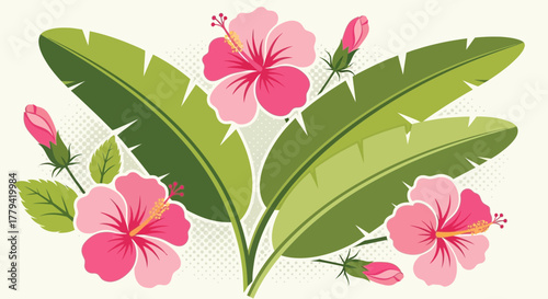 Lush Hibiscus Floral Arrangement with Tropical Leaves Decorative Design