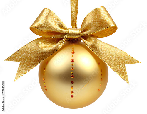 gold Christmas ball with ribbon and a bow, isolated on transparent background.
