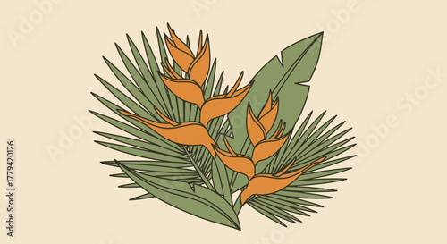 Stylized tropical flora composition with bird of paradise and palm leaves