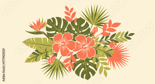 Tropical arrangement with hibiscus flowers and exotic leaves illustration