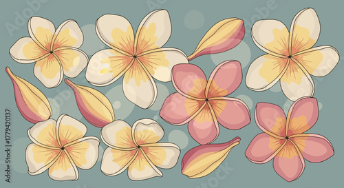 Stylized Plumeria Flower Pattern with Harmonious Pastel Colors and Outlines
