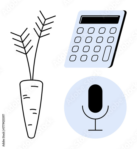 Minimalist carrot outline, calculator, and microphone in modern design. Ideal for themes thumbs up health, productivity, communication, creativity, technology, education and simplicity in