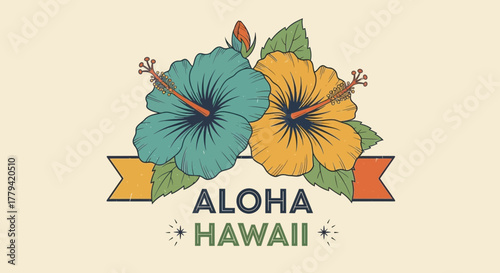 Aloha Hawaii hibiscus flower badge design in retro style illustration