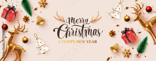 Elegant Christmas Vector background with golden reindeer, red Christmas gift boxes,white Christmas trees, ornaments,pine branches,golden bells,confetti and festive elements on pastel pink backdrop
