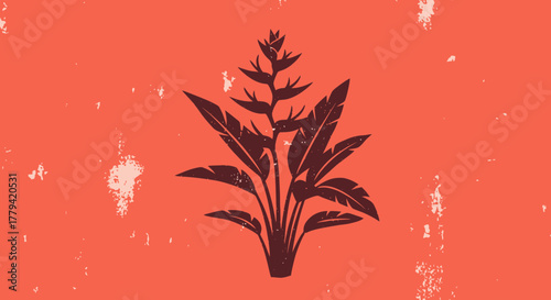 Artistic rendition featuring a stylized tropical heliconia plant silhouette