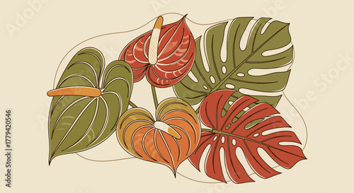 Bohemian Floral Arrangement with Anthuriums and Monstera Leaves