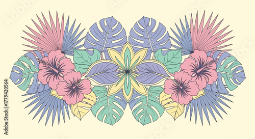 Tropical Delight: Pastel Floral Medley with Hibiscus and Monstera Leaves