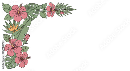 Elegant floral frame featuring hibiscus and tropical leaves with empty space