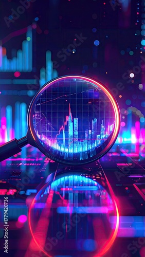 Futuristic Financial Data Analysis Magnifying Glass Neon Cityscape.