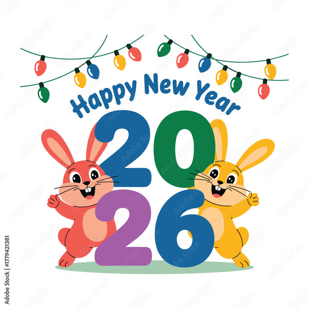 Obraz premium Cute cartoon rabbits celebrating the arrival of the new year 2026 with colorful lights and festive decorations