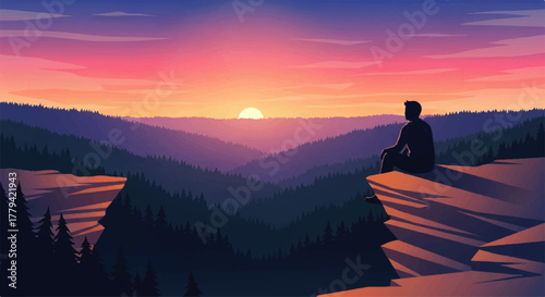 Silhouette of a person meditating on a cliff at sunset overlooking a valley.