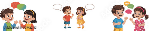 Set of Happy Diverse Kids Communicating and Discussing with Speech Bubbles Vector Illustration