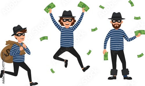 Cartoon burglars stealing money, criminal characters in striped outfits, funny thief illustration, vector art for crime, finance, security themes