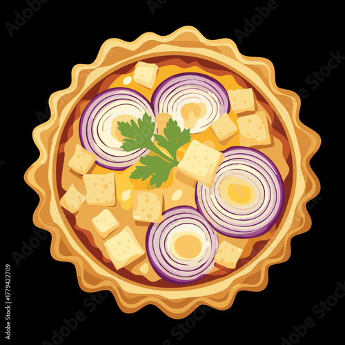 Homemade Savory Quiche Tart with Sliced Onions, Herbs, and Creamy Filling in a Flaky Golden Pastry Crust - Vector Illustration
