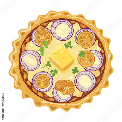 Freshly Baked Savory Quiche Tart with Sliced Red Onions, Herbs, and Mushroom Filling in a Round Pie Dish - Vector Illustration