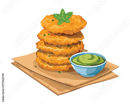 Foto Stack of Golden Brown Vegetable Fritters or Healthy Savory Patties with Fresh He