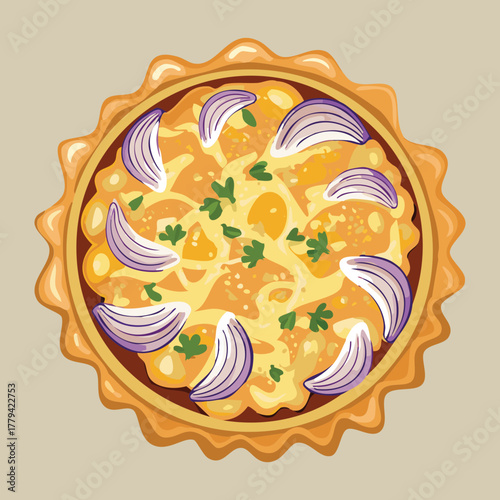 Classic Savory Quiche Tart with Sliced Onions and Herbs in a Golden Flaky Pastry Crust, Ready to Eat - Vector Illustration