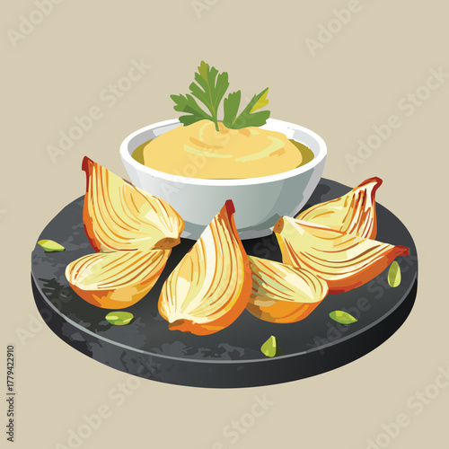 Tender Roasted Garlic Cloves Confit in Olive Oil, Served on a Plate with Fresh Herbs and Creamy Dipping Sauce - Vector Illustration
