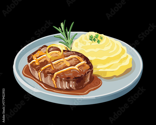 Gourmet Grilled Steak and Creamy Mashed Potatoes Plated with Asparagus Spears and Rich Herb Sauce for a Meal - Vector Illustration