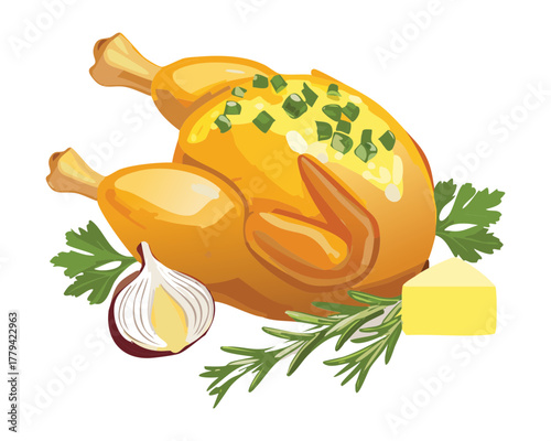 Golden Brown Whole Roasted Chicken or Turkey, Garnished with Fresh Rosemary and Thyme for a Family Holiday Dinner - Vector Illustration